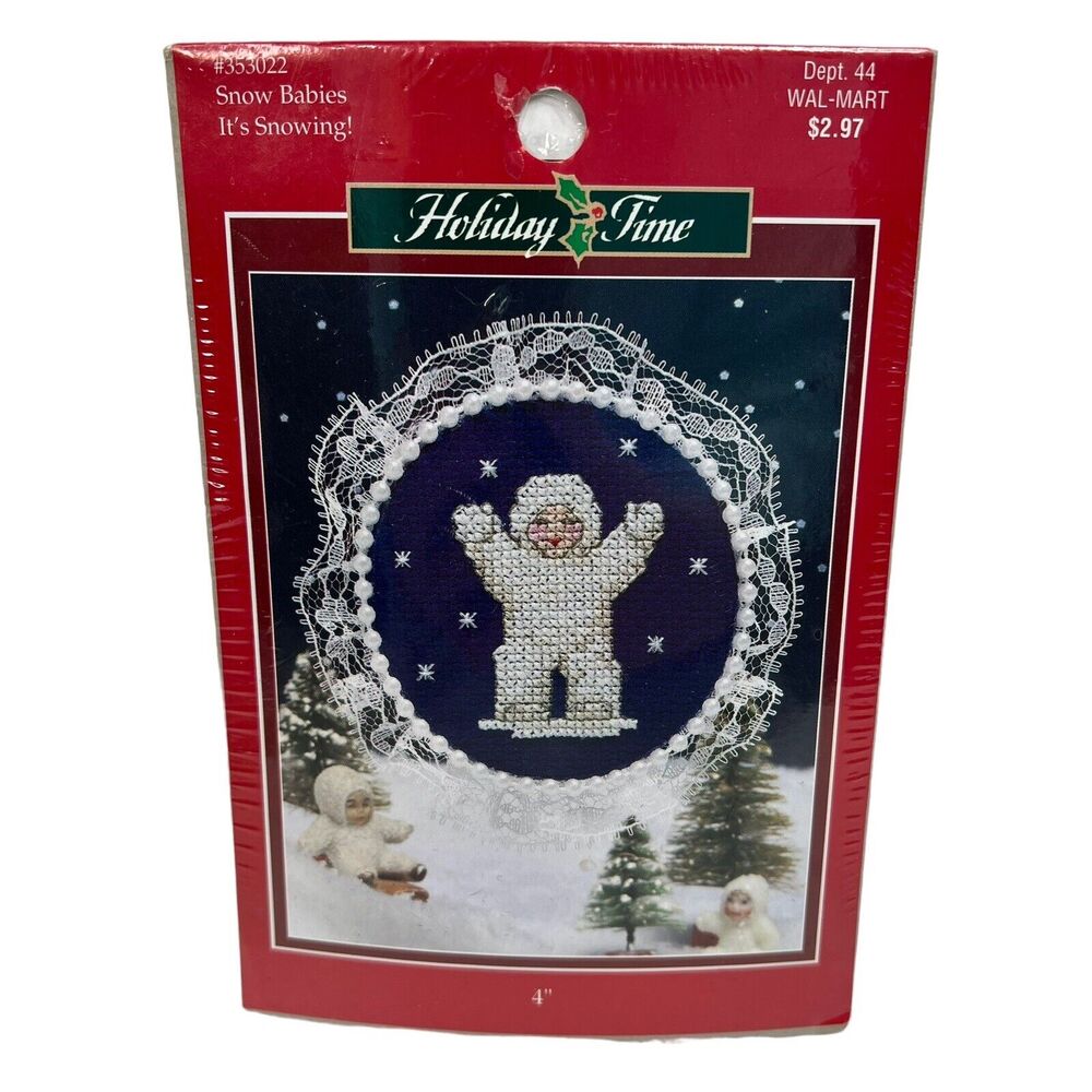 Vtg Snow Babies It’s Snowing 4” Counted Cross Stitch Kit Holiday Time #353022